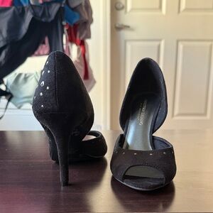 Christian Sirano Suede Black Peep-Toe Heels with Stud Accents